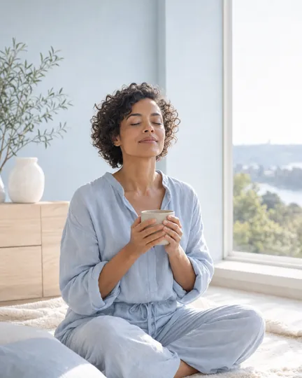 Subscription meditation app creative: tea by the window, eyes closed.
