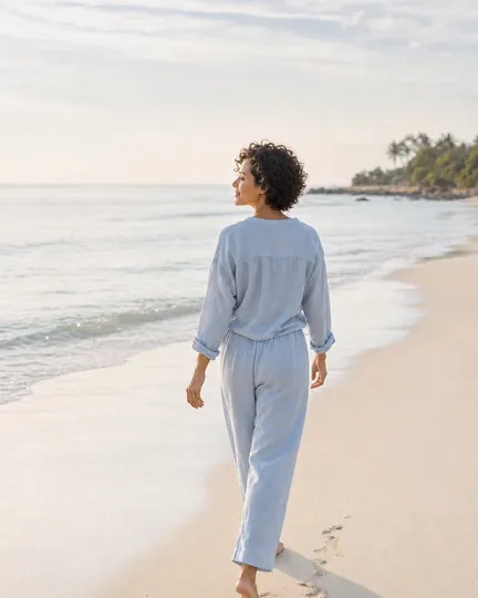 Subscription meditation app creative: barefoot on the beach at dawn.