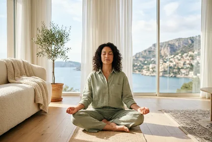 Subscription meditation app creative: seated meditation in light green, full room.