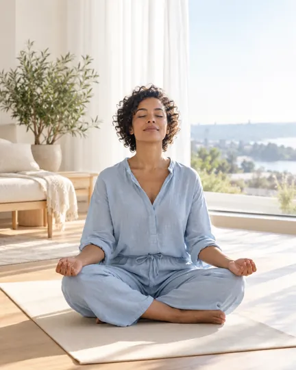 Subscription meditation app creative: a woman meditating by a bright window.