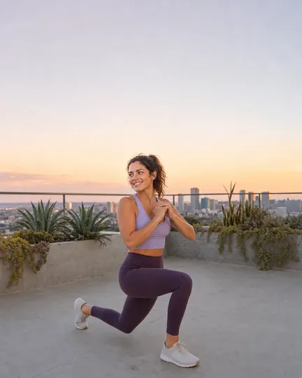Subscription fitness app creative: holding a lunge on a rooftop at sunrise.