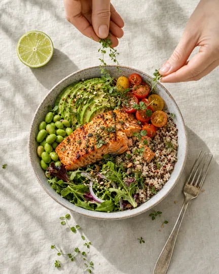 Subscription nutrition app creative: overhead bowl with herbs being added.
