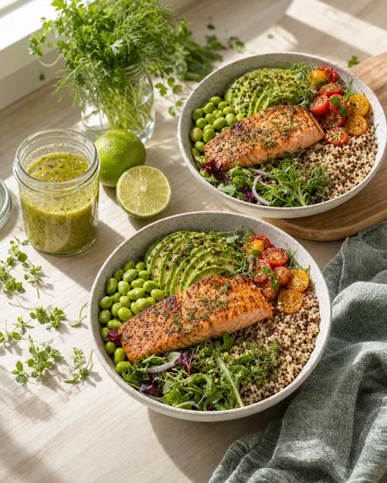 Subscription nutrition app creative: meal-prep counter with two bowls.
