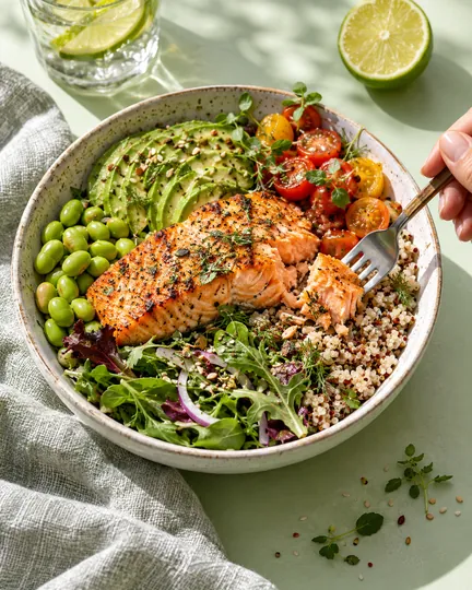 Subscription nutrition app creative: a fresh salmon and avocado grain bowl.