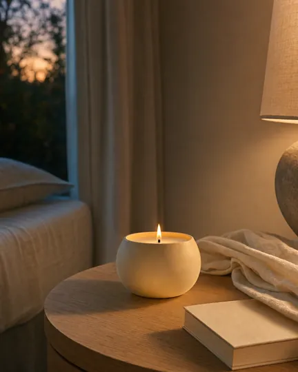 DTC home fragrance brand creative: lit candle on a bedside table at dusk.