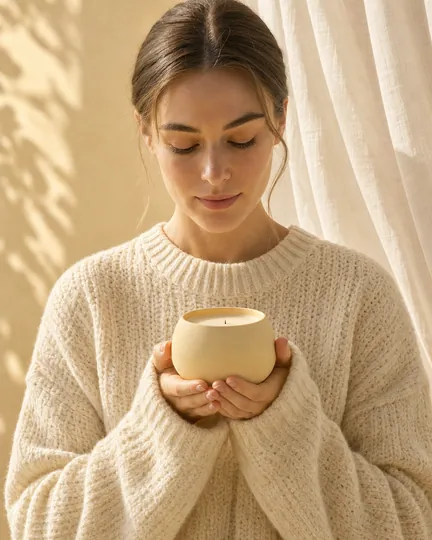 DTC home fragrance brand creative: held in a cream knit sleeve.