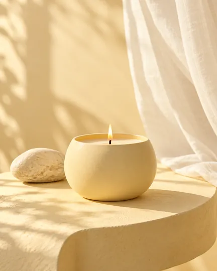 DTC home fragrance brand creative: a pale ceramic candle in warm light.
