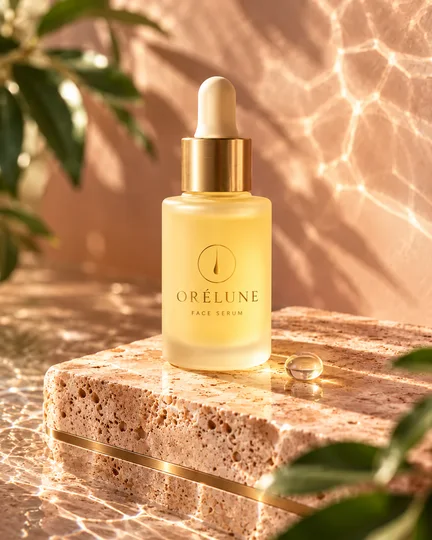 DTC skincare brand creative: a serum bottle in warm editorial light.
